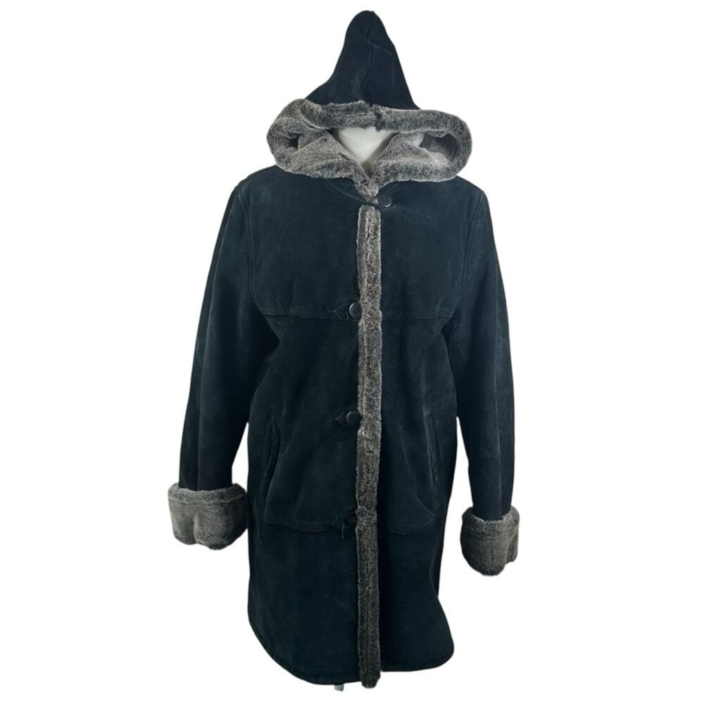Dennis Basso Suede Leather Faux Fur Hooded Coat Womens M Black Winter Jacket